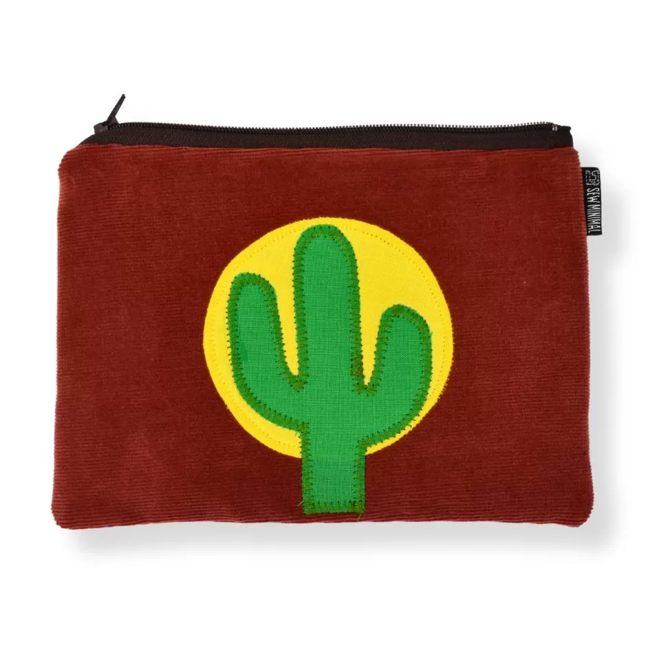 A red corduroy small zipper pouch with a green cactus and yellow sun applique.